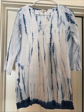 Pink Chicken White and Navy Tie-Dye Tunic/ Beach Cover Up with Side Slits